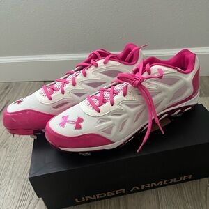 UNDER ARMOUR Sz 15 Metal Baseball Cleats pink  White Spine Authentic Collection
